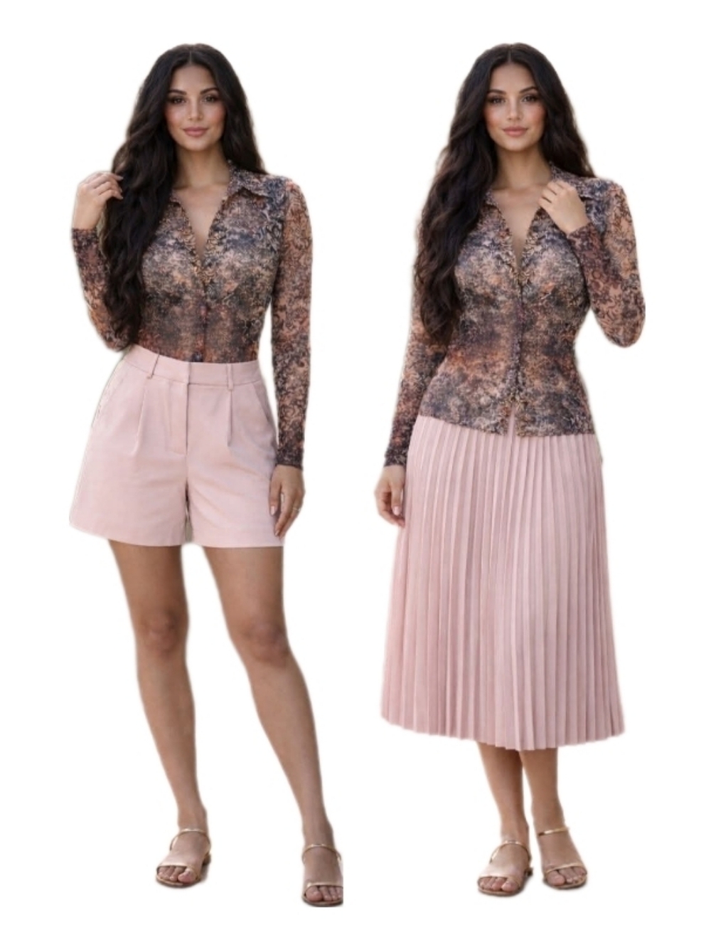 Weekday Brown Snake Print Sheer Mesh Zip Front Long Sleeve Top Small